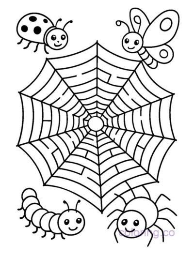 Adorable Spider Web Maze Coloring Page