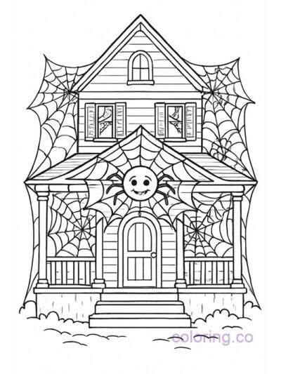 Spooky House Coloring Page with Giant Spiderwebs