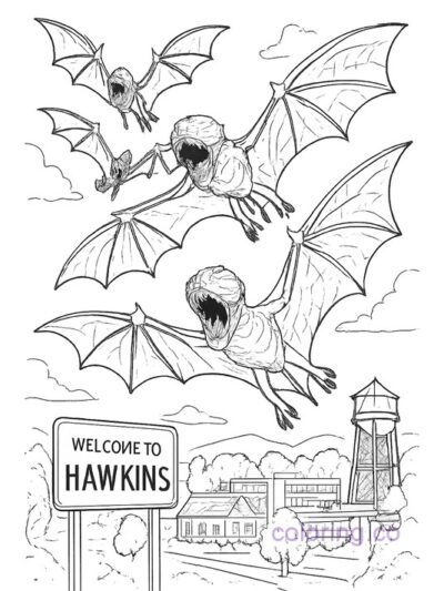 Stranger Things Demobats Over Hawkins Coloring Page