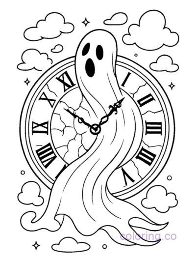 Surreal Ghost and Clock Coloring Page