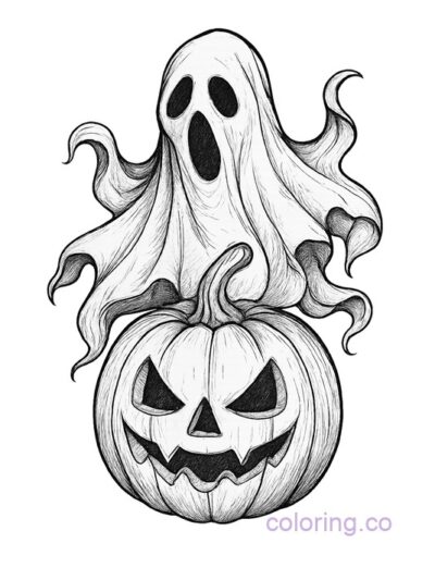Surreal Ghost and Pumpkin Coloring Page