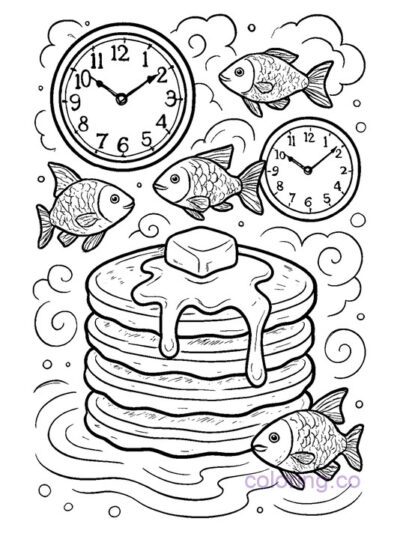Surreal Pancake and Fish Coloring Page
