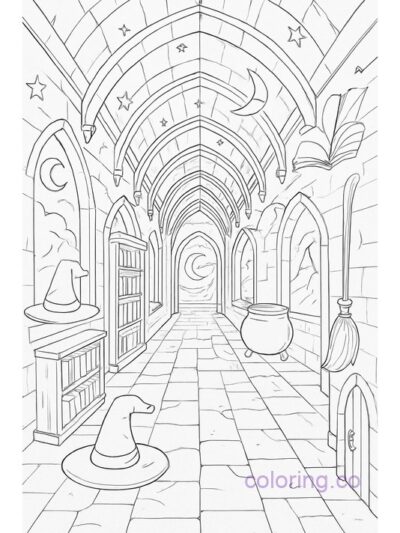 Surreal Witch School Hall Coloring Page