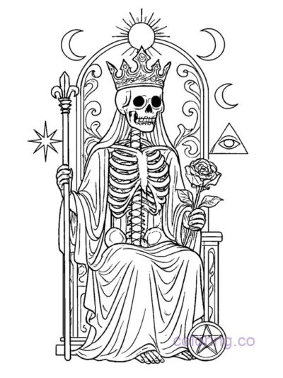 Intricate Skeleton Queen Tarot Coloring Page