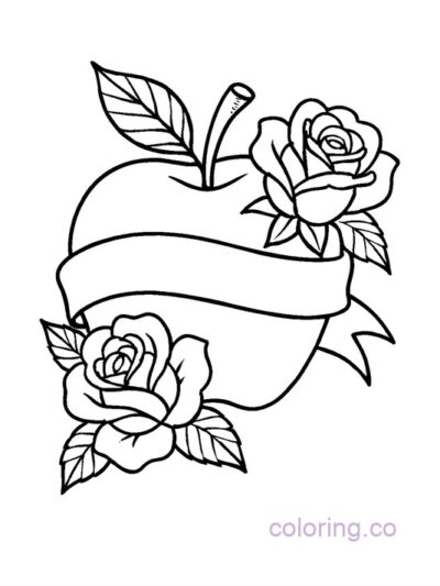 Tattoo-Inspired Apple with Roses Coloring Page