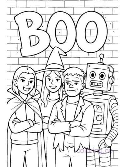 Halloween Teens in Monster and Robot Costumes Coloring Page