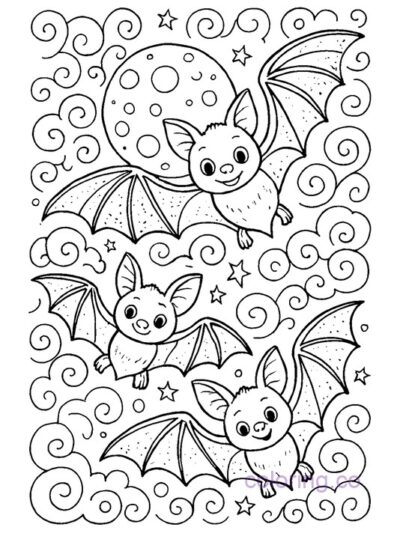 Cute Bats and Moon Coloring Page