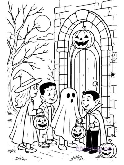 Trick-or-Treat Kids at Spooky Door Coloring Page