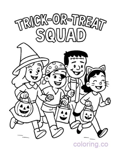 Trick-or-Treat Squad Halloween Coloring Page