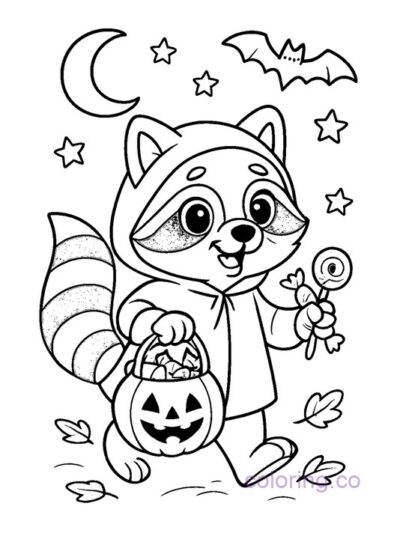 Cute Trick-or-Treating Animal Coloring Page