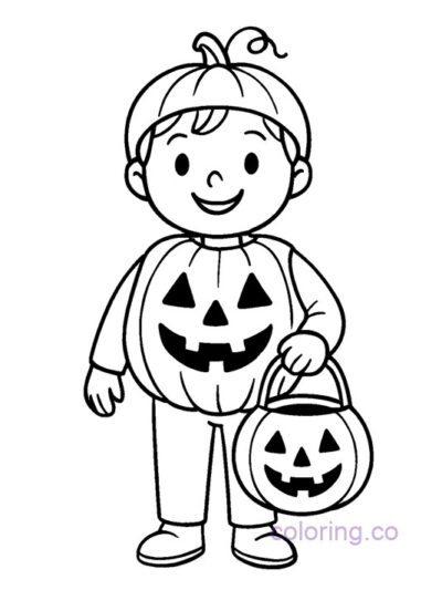 Trick or Treater in Pumpkin Costume Coloring Page