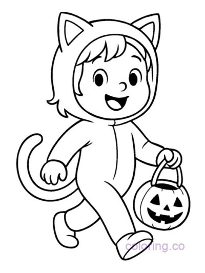 Cute Cat Costume Trick-or-Treater Coloring Page