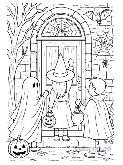 Trick-or-Treaters at Haunted Door Coloring Page