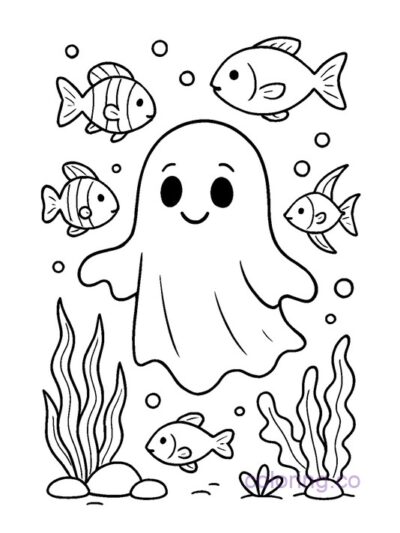 Cute Underwater Ghost and Fish Coloring Page