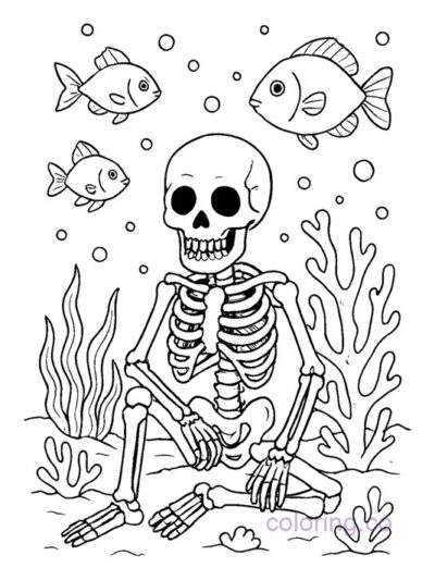 Fun Underwater Skeleton and Fish Coloring Page