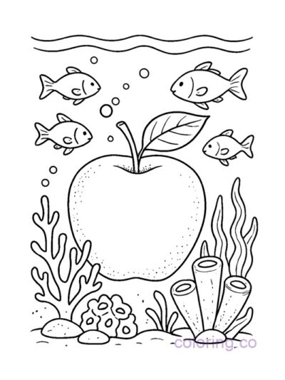 Underwater Apple and Fish Coloring Page