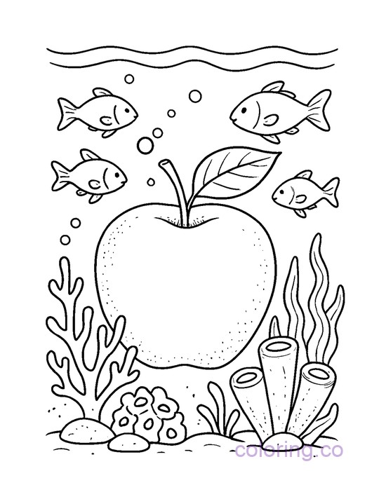 Underwater Apple and Fish Coloring Page