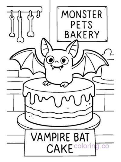 Adorable Vampire Bat Cake Coloring Page
