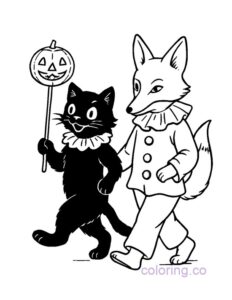 Vintage Black Cat and Fox Costume Coloring Page
