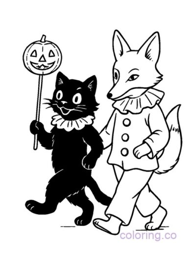Vintage Black Cat and Fox Costume Coloring Page