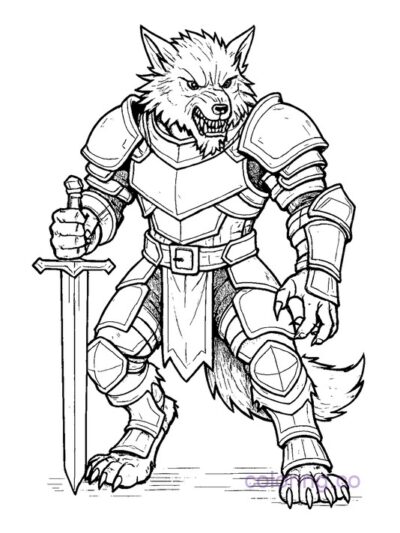 Werewolf Warrior in Armor Coloring Page