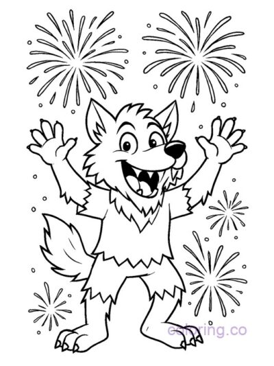 Fun Werewolf and Fireworks Coloring Page