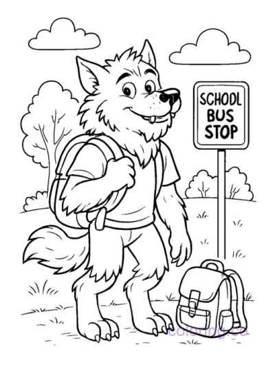 Fun Werewolf School Bus Stop Coloring Page