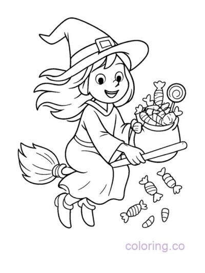 Cute Witch Delivering Candy Coloring Page