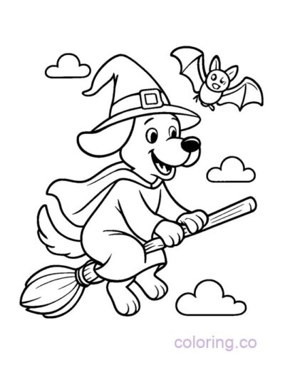 Witch Dog and Bat Friend Coloring Page