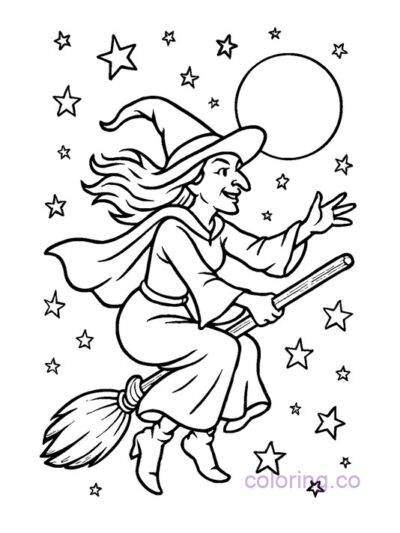 Charming Witch and Magic Stars Coloring Page