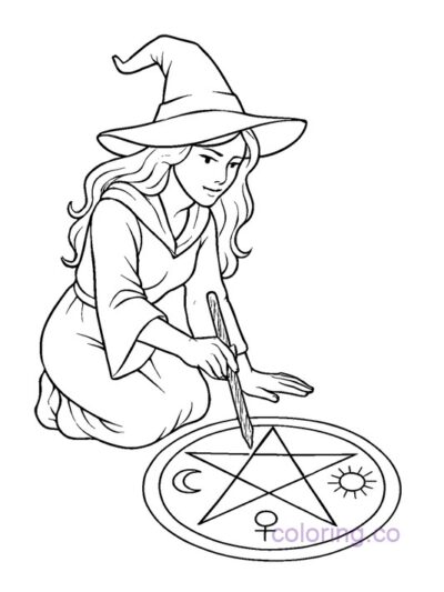 Witch Drawing Magical Circle Coloring Page