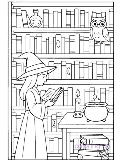 Enchanting Witch Library Coloring Page