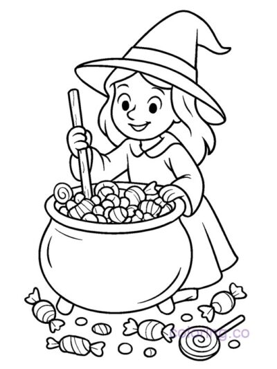 Witch Stirring Candy Cauldron Coloring Page