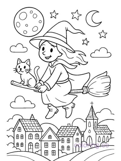 Cute Witch and Cat Flying Coloring Page