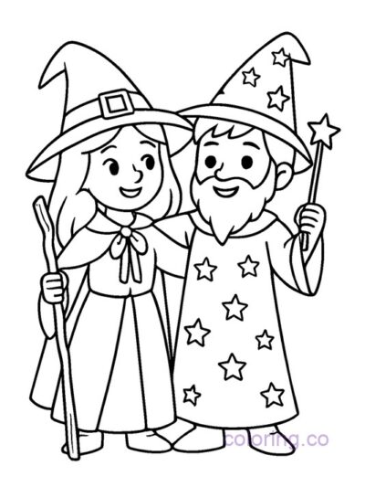 Witch and Wizard Friendship Coloring Page