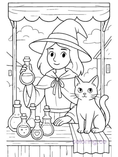 Cute Witch and Cat at Market Coloring Page