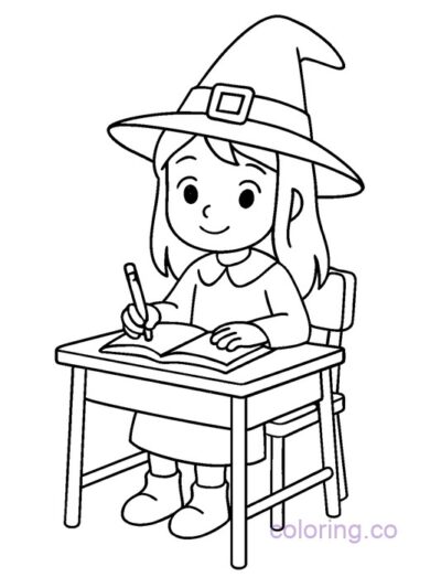 Cute Witch at School Desk Coloring Page