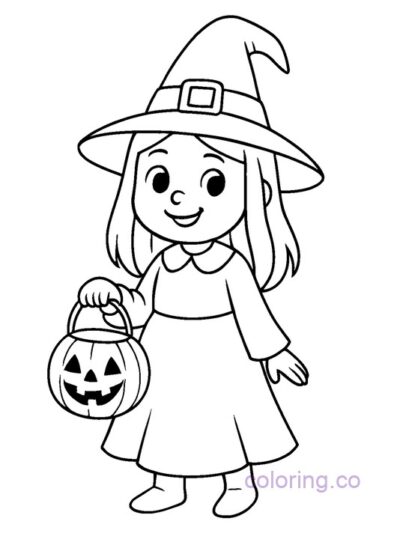 Cute Witch with Candy Bucket Coloring Page