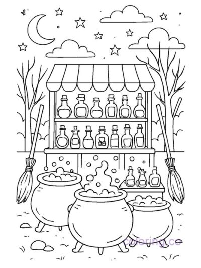Enchanting Witch's Cauldron Market Coloring Page