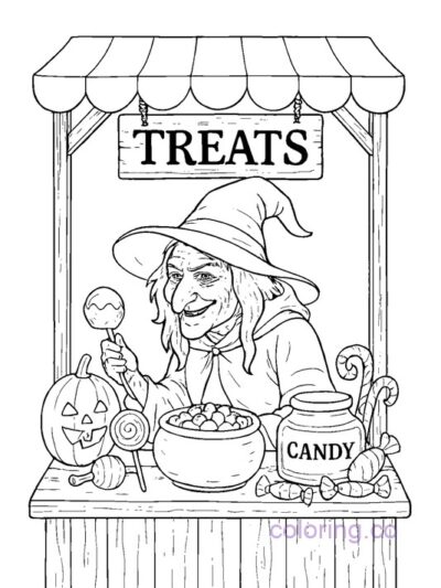Charming Witch's Candy Stand Coloring Page