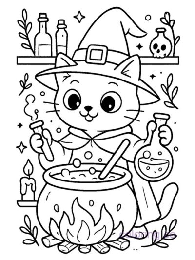 Witch's Cat Potion Coloring Page