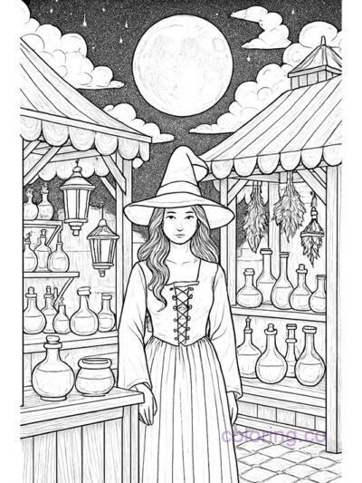 Witch's Market in Moonlight Coloring Page