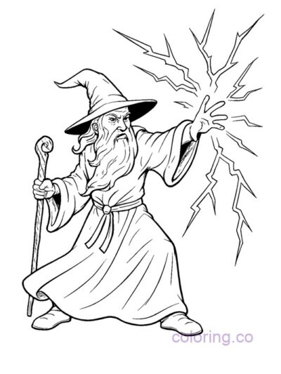 Wizard Casting Lightning Spell Coloring Page