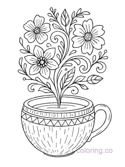 Zen Tea Cup Floral Coloring Page for Adults