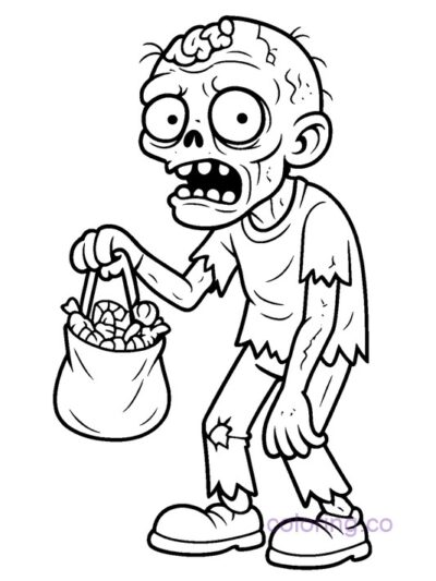 Fun Zombie with Candy Bag Coloring Page