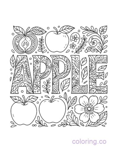 Boho Floral Apple Word Art Coloring Page