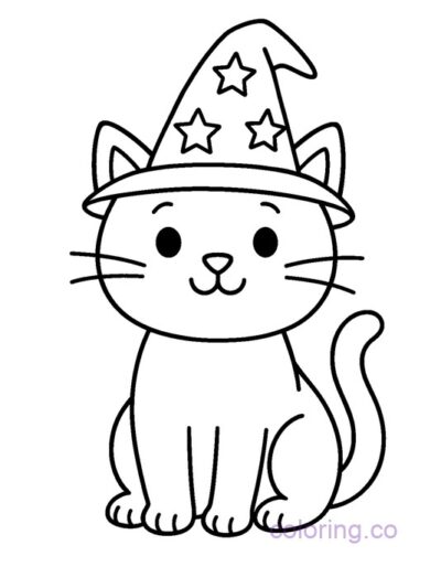 Cute Cat in Wizard Hat Coloring Page