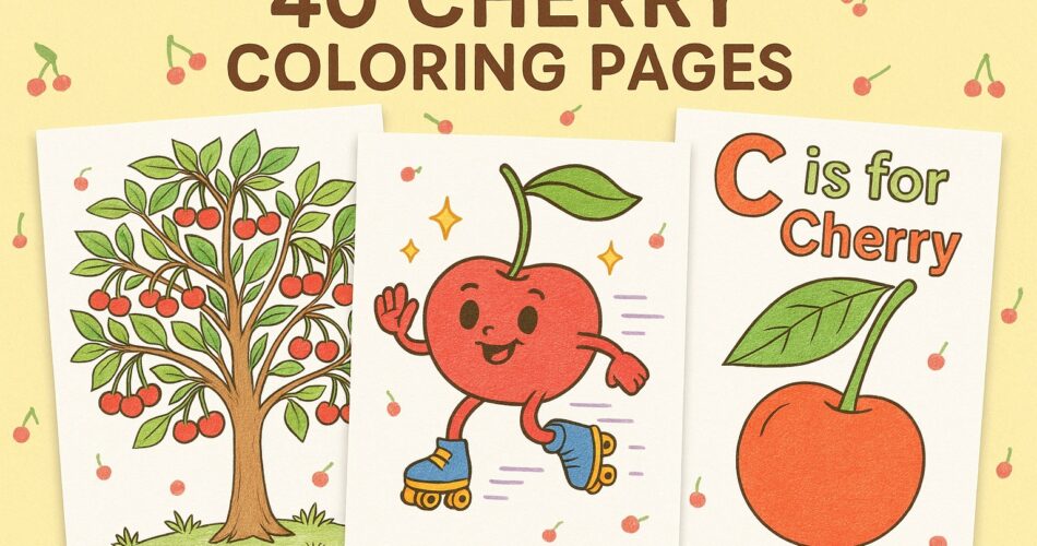 40 Cherry Coloring Pages collection showing three examples: a cherry tree full of fruit, a smiling cartoon cherry on roller skates, and an educational page with ‘C is for Cherry'