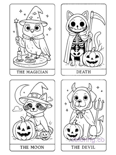 Cute Halloween Animal Tarot Coloring Pages