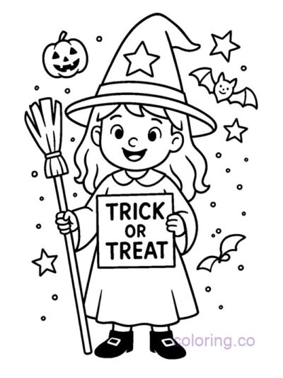 Cute Witch Trick-or-Treat Coloring Page